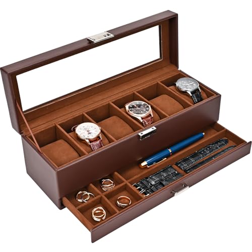 ProCase Watch Box, Fathers Day Gift for Dad, 6 Slot Watches Display Case with Drawer, Mens Watch Case with Glass Lid, 2-Layer Mens Jewelry Organizer Storage Holder -6 Slot, Espresso - color: Espresso, size: 6-Slot