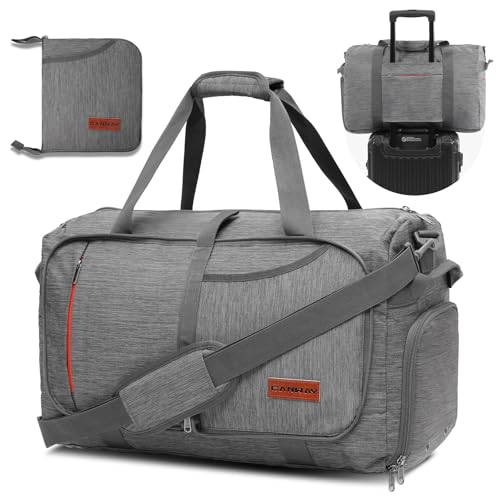 Canway 40L Foldable Duffle Bag for Travel Men & Women Carry On 22"x14"x9" Airline Approved, Small Luggage Overnight Bag with Shoe Compartment, Water-Resistant Gym & Sports Bag - color: Textured Grey, size: 40L