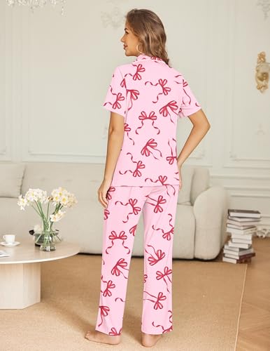 Ekouaer Womens Pajama Sets Button Down Pjs Lounge Sets 2 Piece Short Sleeve Sleepwear Soft Comfy Loungewear - color: Bow, size: Small