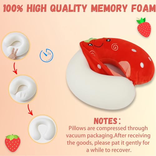 Kids Neck Pillow for Travel with Sleep Eye Mask, Cute Travel Neck Pillow, Memory Foam Flight Sleeping Headrest Pillow for Boys & Girls, Airplane, Train, Car, Home Use - Red Strawberry - color: Red Strawberry