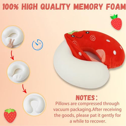 Kids Neck Pillow for Travel with Sleep Eye Mask, Cute Travel Neck Pillow, Memory Foam Flight Sleeping Headrest Pillow for Boys & Girls, Airplane, Train, Car, Home Use - Red Strawberry - color: Red Strawberry