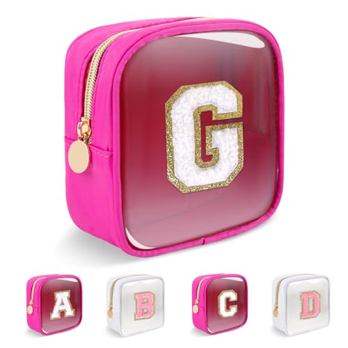 Personalized Initial Letter Clear Preppy Makeup Bag,Mini Nylon Chenille Letter Cosmetic Bag Cute Zipper Pouch Coin Purse for Teen Girls,Portable TSA Approved Travel Essentials Bag Gift for Women,G - color: Mini-Hot Pink, size: G
