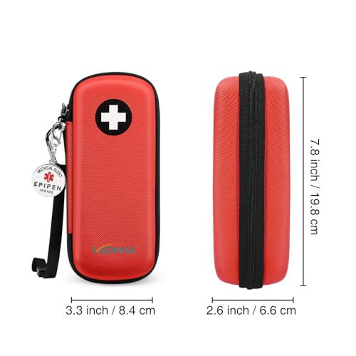 MEDMAX Epipen Carrying Case with Medical Alert Tag, Hard Shell Shock Absorption Travel Medication Organizer Bag Emergency Medical Pouch Holds 2 EpiPens, Asthma Inhaler, Auvi-Q, Allergy Essentials, Red