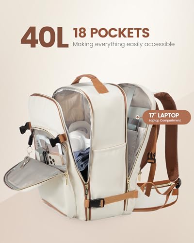 LOVEVOOK 40L Travel Backpack with Waist Strap,Flight Approved Carry on Backpack,Waterproof Personal Item Travel Bag,TSA Carry on Luggage Suitcase Travel Essentials,Gifts for Women & Men,fit 17" Laptop - color: Beige-brown, size: Large-40L-4Pcs(Waist Strap