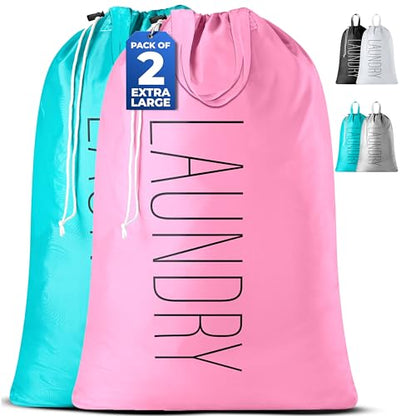 Extra Large Travel Laundry Bag - 2-Pack Fun Print Design Bags for Dirty Clothes - Durable Water-Resistant Fabric - Sturdy Drawstring Closure (Pink-Teal | Laundry) - color: Pink-teal | Laundry