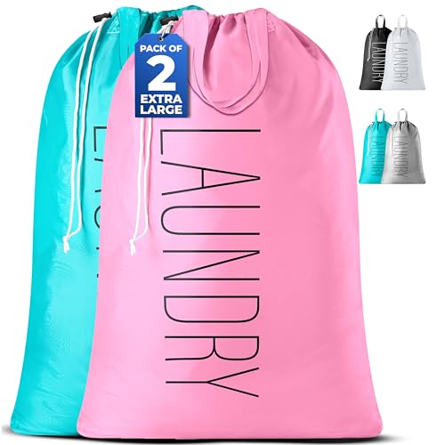 Extra Large Travel Laundry Bag - 2-Pack Fun Print Design Bags for Dirty Clothes - Durable Water-Resistant Fabric - Sturdy Drawstring Closure (Pink-Teal | Laundry) - color: Pink-teal | Laundry