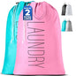 Extra Large Travel Laundry Bag - 2-Pack Fun Print Design Bags for Dirty Clothes - Durable Water-Resistant Fabric - Sturdy Drawstring Closure (Pink-Teal | Laundry) - color: Pink-teal | Laundry