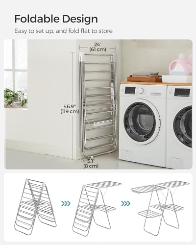 SONGMICS Clothes Drying Rack, Foldable 2-Level Laundry Drying Rack, Free-Standing Laundry Airer, with Height-Adjustable Wings, 33 Drying Rails, Sock Clips, Silver and White ULLR053W01V1 - color: Silver + White, size: 2 Tiers（22"d x 61.8"w x 64.3''h )