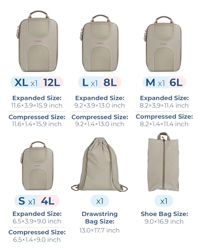BAGSMART Compression Packing Cubes, 6 Set Packing Cubes for Suitcases, Lightweight Suitcases Organizers Bag Set & Compression Travel Cubes, Travel Essentials Packing Organizers - color: 05-Camel