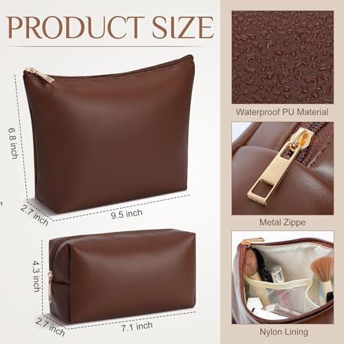 Kigeli 2 Pcs PU Leather Makeup Bag Set for Women Waterproof Aesthetic Cosmetic Bag Large & Small Travel Toiletry Organizer Pouch Skincare Organizer Bridesmaid Mother's Day Birthday Gift(Dark Brown) - color: Dark Brown