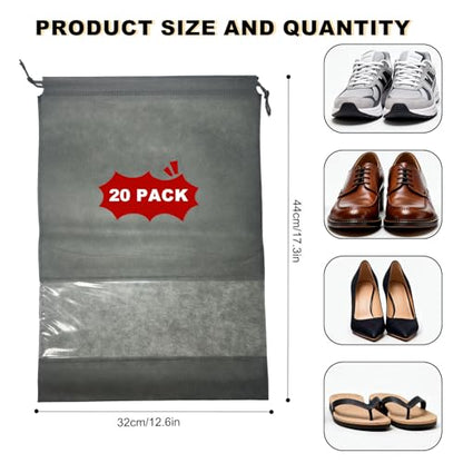 20 Pack Shoe Bags for Travel, 17" x 12.6" Drawstring Shoe Organizers with Clear Window, Breathable Non-Woven Dustproof Pouches for Luggage & Closet (Gray) - color: Gray