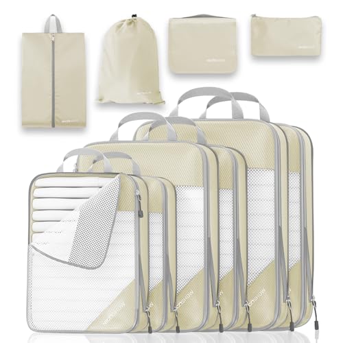 Compression Packing Cubes 10 Set, Compressible Space-Saving Packing Cubes for Travel - Compression Bags, Luggage Organizer, Travel Essentials for Women, Beige - color: Beige, size: 10 pcs