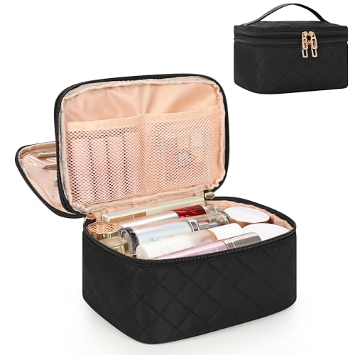 Relavel Travel Makeup Bag, Large Cosmetic Bag with Separate Makeup Brush Compartment, Cute Make Up Pouch for Women, Double Layer Toiletry Organizer Bag for Travel - Black - color: 01-Black, size: LARGE