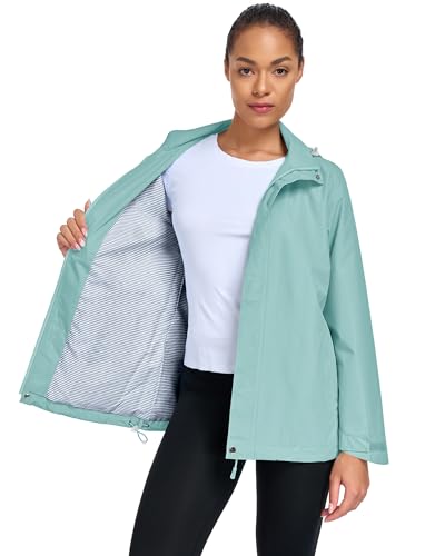 Hount Womens Waterproof Raincoat Lightweight Packable Striped Lined Rain Jacket Casual Travel Outdoor Hooded Jakctes - color: Bean Green, size: Large