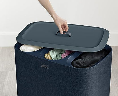 Joseph Joseph Tota Trio 90 liter/23.8 gallon Laundry Hamper Separation Basket with lid, 3 Removable Washing Bags with Handles- Dark Blue - color: Dark Blue, style: Trio Compartment 90L