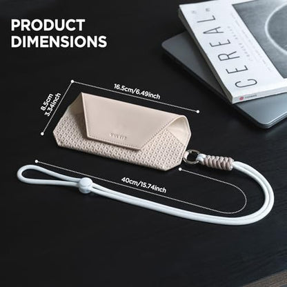 VULKIT Portable Leather Eye Glasses Case for Women & Men, Slim Sunglass Case, Unisex Eyeglass Case - color: Moonstone Beige With Lanyard