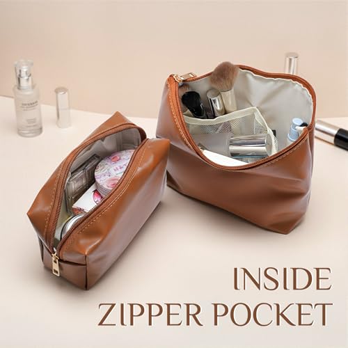 Kigeli 2 Pcs PU Leather Makeup Bag Set for Women Waterproof Aesthetic Cosmetic Bag Large & Small Travel Toiletry Organizer Pouch Skincare Organizer Bridesmaid Mother's Day Birthday Gift(Brown) - color: Brown