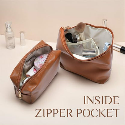 Kigeli 2 Pcs PU Leather Makeup Bag Set for Women Waterproof Aesthetic Cosmetic Bag Large & Small Travel Toiletry Organizer Pouch Skincare Organizer Bridesmaid Mother's Day Birthday Gift(Brown) - color: Brown