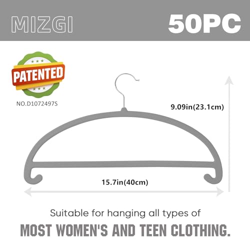 MIZGI 50 Pack Gray Velvet Hangers - No Shoulder Bumps, Heavy Duty Non-Slip Chrome Hooks for Jackets, Coats, Pants - color: Gray/Upgraded