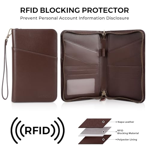 Polare Full Grain Leather Passport Holder Cover Case for Men and Women RFID Blocking Family Travel Wallet Holds 6 Passports - color: Coffee
