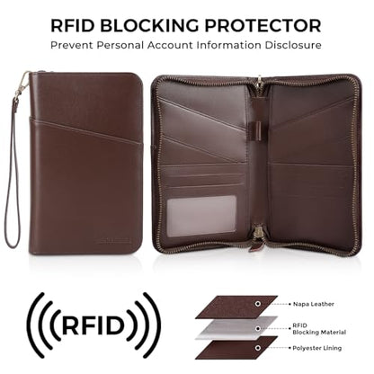 Polare Full Grain Leather Passport Holder Cover Case for Men and Women RFID Blocking Family Travel Wallet Holds 6 Passports - color: Coffee