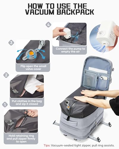 wepadre Vacuum Backpack Travel with Pump Travel Backpack with Vacuum System Expandable Vacpack Compression Backpacks for Travel Easy Vac Pack Carry on Luggage Grey - color: Grey