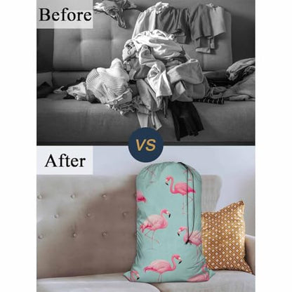 Swono Flamingo Bird Laundry Bag with Strap Machine Washable Large Dirty Clothes Organizer Retro Pink Flamingos Tropical Summer Animal Easy Fit Laundry Hamper or Basket, Pink Green - color: Flamingo Bird