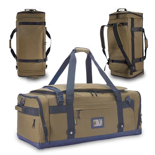 Large Duffle Bag for Travel - Men & Women, Foldable Gym Duffle Backpack, Heavy Duty Tactical Military Canvas Duffel Bags, Extra Big Carry On with Shoe Pockets, Waterproof (80L/103L) - color: Brown, size: M(80L)