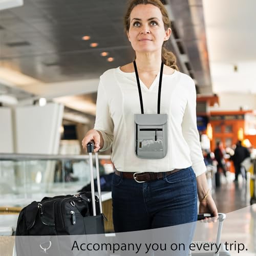 RFID Blocking Travel Neck Wallet Pouch and Passport Holder, Travel Neck Pouch Passport Holder for Women & Men - Gray - color: Grey