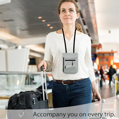 RFID Blocking Travel Neck Wallet Pouch and Passport Holder, Travel Neck Pouch Passport Holder for Women & Men - Gray - color: Grey