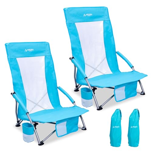Low Beach Chairs for Adults 2 Pack High Back,Folding Portable Sling Beach Camping Chair with Cup Holder,Lightweight Foldable Camp Lawn Chair for Outdoor Sand Concert Travel Sport Events - color: Ocean Blue-2set, size: High Back