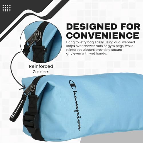 Champion - Hanging Toiletry Bag - Travel Sized Polyester Bag — Water-Resistant, Cosmetics Organizer Bag with Two Compliant Bottles - Lightweight Portable Zipped Bag for Unisex – Blue - 10"x3.9"x3.9" - style: Cendre Blue