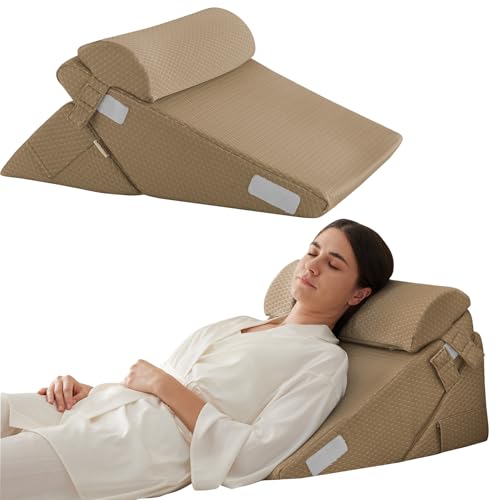 Bedluxe 3Pcs Orthopedic Bed Wedge Pillow Set, Foam Wedge Pillow Post Surgery for Back, Leg and Knee Support, Adjustable 9&12 Inch Folding Triangle Pillow for Sleeping, Acid Reflux, Snoring, Brown - color: Brown, size: Adjustable 9&12 Inch + 1 Head Pillow
