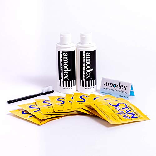 Amodex Ink & Stain Remover Arsenal, Safe and Effective on Clothes, Leather and Skin, Full Set for all your Stain Removal Needs, Includes 2 Bottles, 1 Brush, 10 Wipes - style: Stain Remover Arsenal Kit