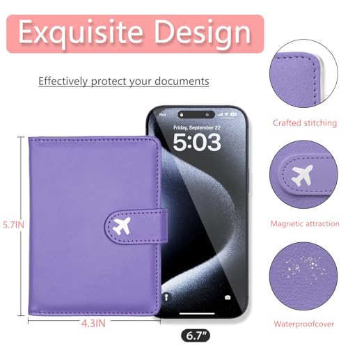 Passport Holder, Travel Wallet Cover with Pen Loop | Cute RFID Blocking Leather Case with Magnetic Closure for Travel Essentials-Purple - color: U-Purple