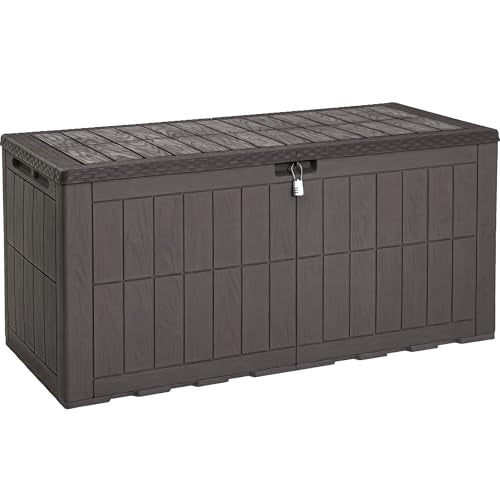 YITAHOME 134 Gallon Large Deck Box, Waterproof Resin Outdoor Storage Box with Lock, Doubles as 2-Person Bench Seating for Patio Furniture Cushions,Garden Tools & Pool Accessories, Dark Brown - color: Dark Brown, size: 134 Gallon