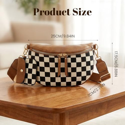Checkered Crossbody Bag for Women Nylon Bum Bag Spacious Fanny Pack Adjustable Strap Lightweight Travel Everyday Purse Water Resistant Handbag (Woven Brown) - color: Woven Brown