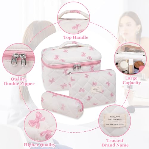 Gosect 3PC Makeup Bag Set, Quilted Makeup Bag Set, Large Floral Cosmetic Bag for Women, Cute Cotton Makeup Bags, Flower Travel Toiletry Organizer Bag (White Pink Bow Tie) - color: White Pink Bow Tie