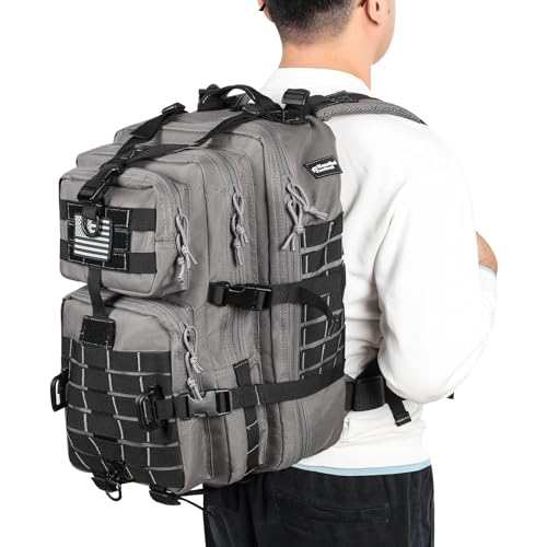 Hannibal Tactical MOLLE Assault Backpack, Tactical Backpack Military Army Camping Rucksack, 3-Day Pack Trip w/USA Flag Patch, D-Rings Grey and Black - color: Grey and Black