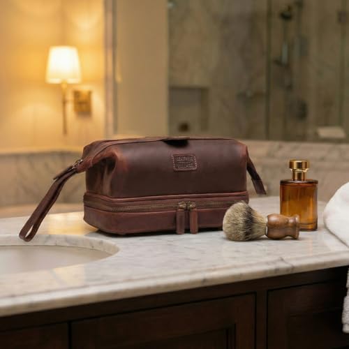 LEATHER VILLAGE Genuine Leather Dopp Kit – Large Travel Toiletry Bag with Waterproof Lining, Dual-Zip Design for Men & Women, Organizer for Shaving, Makeup & Essentials - Cherry - color: Cherry