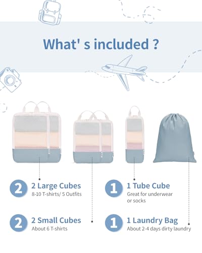 Narwey 6 Set Compression Packing Cubes for Travel Women Men, Travel Cubes for Carry On Suitcase, Durable Compression Luggage Organizer Bags - color: Grayish Blue