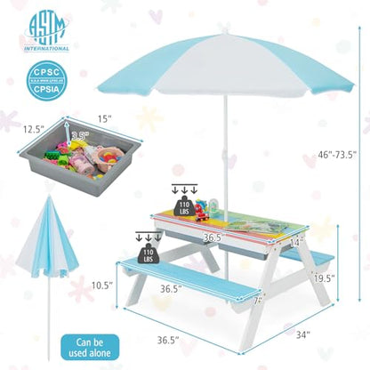 HONEY JOY Kids Picnic Table, 4 in 1 Cedar Wooden Sand & Water Table w/ 2 Removable Box & Umbrella, Kids Picnic Tables for Outdoors Backyard Garden, Toddler Patio Furniture Set for Boys Girls(Blue) - color: Blue