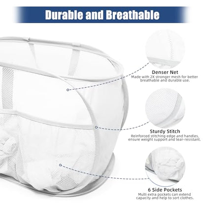 2 Pack Collapsible Laundry Baskets, Upgrade Pop Up Laundry Hamper with Convenient Bags, Foldable Laundry Basket Mesh Light Weight, Easy to Carry Clothes Hampers for Laundry, Dorm, Toys, Travel White - color: 2xWhite
