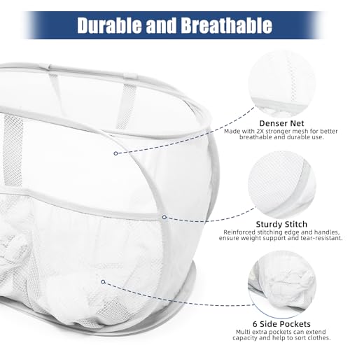 Collapsible Laundry Baskets, Upgrade Pop Up Laundry Hamper with Convenient Bags, Foldable Laundry Basket Mesh Light Weight, Easy to Carry Clothes Hampers for Laundry, Dorm, Toys, Travel White - color: White