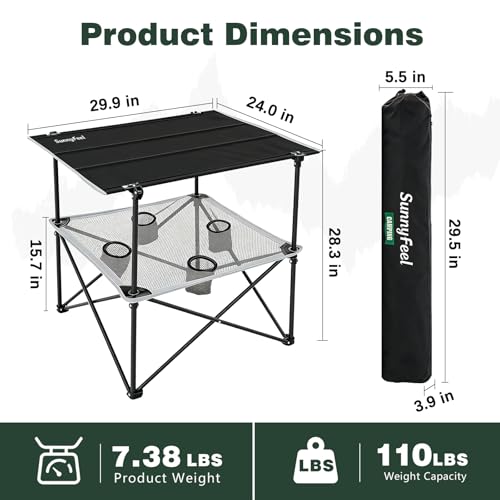 SUNNYFEEL Folding Camping Table- Collapsible Portable Beach Table with 4 Cup Holders & Carry Bags, Tailgate Table for Outdoor Excursion Picnic Hiking Fishing Travel Parties, Black
