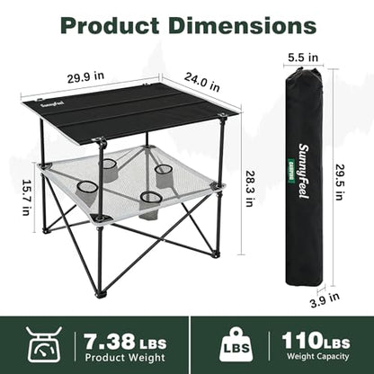 SUNNYFEEL Folding Camping Table- Collapsible Portable Beach Table with 4 Cup Holders & Carry Bags, Tailgate Table for Outdoor Excursion Picnic Hiking Fishing Travel Parties, Black
