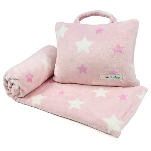 3-in-1 Kids Travel Blanket and Pillow Set - 40x60 Inches Soft Pink Star Design,Kids Travel Blanket Airplane Compact with Bag, Potable Pillow Blanket for Travel Airplane Train Bed Office - color: Pink Star