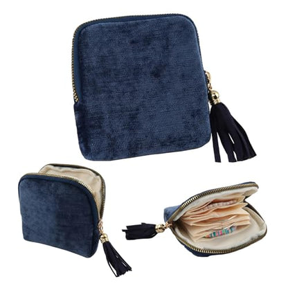 Small Travel Jewelry Case,Velvet Pouch with Tassel Zipper,5-Layer Velvet Portable Jewelry Roll Pouch for Earrings Rings Bracelets,Travel Jewelr y Organizer,Gift for Women(Dark Blue)