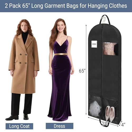2 Pack 65" Long Garment Bags for Dress Travel Garment Bag with 4" Gusseted Wedding Dress Cover with 2 Mesh Pockets and 2 Carry Handles(Black) - size: 65" 2Pack