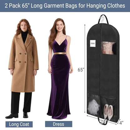2 Pack 65" Long Garment Bags for Dress Travel Garment Bag with 4" Gusseted Wedding Dress Cover with 2 Mesh Pockets and 2 Carry Handles(Black) - size: 65" 2Pack